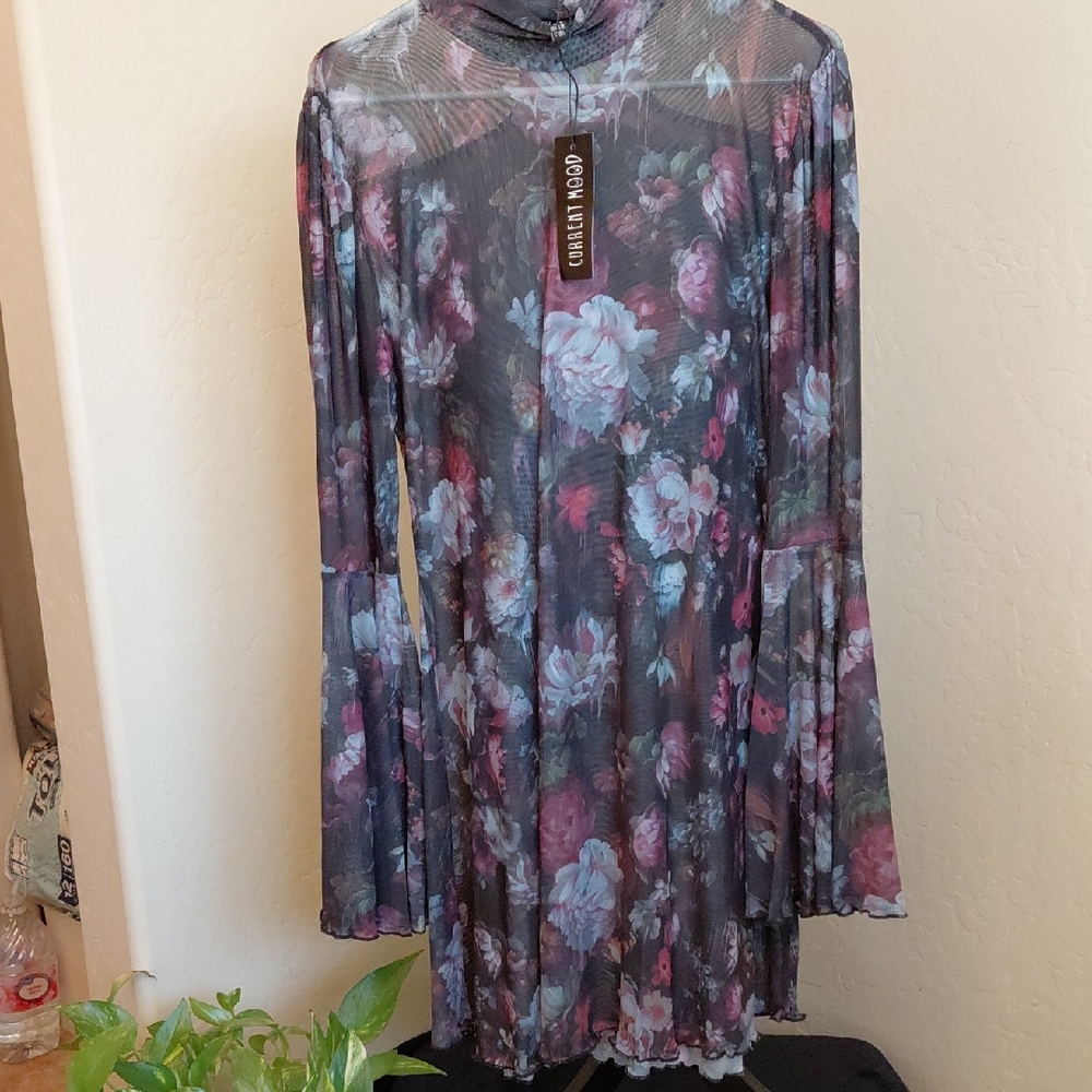 DOLLS, KILL CURRENT MOOD 1X SHEER MESH FLORAL. MINI DRESS